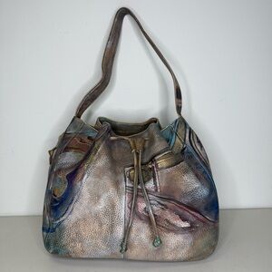 NEW Jane Yoo Genuine Leather Hand Painted Hobo Bag 14”x11”